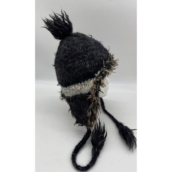 American Eagle Outfitters Trapper Hat With Faux Fur & Pom Pom Black/Gray Wool/Al - Picture 4 of 11